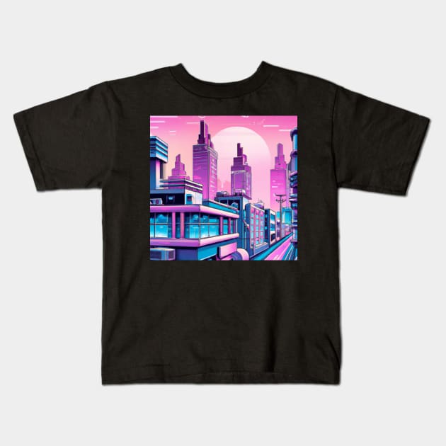 Retro Futuristic Cityscape Kids T-Shirt by retroprints